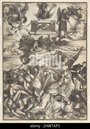 Kunst inspiriert von vier Avenging Angels, aus der Serie Apokalypse, n.d., Holzschnitt, Drucke, Albrecht Dürer (deutsch, Nürnberg 1471–1528 Nürnberg, Klassisches von Artotop modernisiertes Werk mit einem Schuss Moderne. Formen, Farbe und Wert, auffällige visuelle Wirkung auf Kunst. Emotionen durch Freiheit von Kunstwerken auf zeitgemäße Weise. Eine zeitlose Botschaft, die eine wild kreative neue Richtung verfolgt. Künstler, die sich dem digitalen Medium zuwenden und die Artotop NFT erschaffen Stockfoto