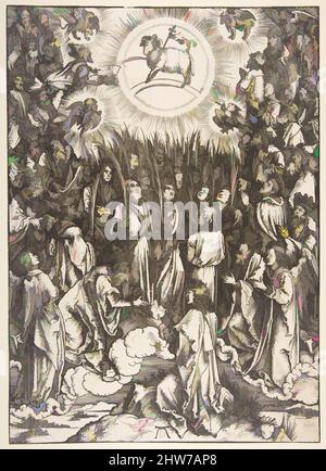 Kunst inspiriert von der Anbetung des Lammes, aus der Serie Apokalypse, n.d., Holzschnitt, Drucke, Albrecht Dürer Nürnberg 1471–1528 Nürnberg, Klassisches von Artotop modernisiertes Werk mit einem Schuss Moderne. Formen, Farbe und Wert, auffällige visuelle Wirkung auf Kunst. Emotionen durch Freiheit von Kunstwerken auf zeitgemäße Weise. Eine zeitlose Botschaft, die eine wild kreative neue Richtung verfolgt. Künstler, die sich dem digitalen Medium zuwenden und die Artotop NFT erschaffen Stockfoto