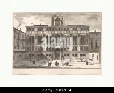 Kunst inspiriert von Tafel 96: Blick auf die Fassade des Pisani-Palastes in Campo Santo Stefano, Venedig, 1703, aus der Serie 'die Gebäude und Ansichten von Venedig' (Le fabriche e vedute di Venezia), 1703, Radierung, Platte: 8 3/16 x 11 5/8 Zoll (20,8 x 29,5 cm), Luca Carlevaris (Italienisch, Udine, Klassische Werke, die von Artotop mit einem Schuss Moderne modernisiert wurden. Formen, Farbe und Wert, auffällige visuelle Wirkung auf Kunst. Emotionen durch Freiheit von Kunstwerken auf zeitgemäße Weise. Eine zeitlose Botschaft, die eine wild kreative neue Richtung verfolgt. Künstler, die sich dem digitalen Medium zuwenden und die Artotop NFT erschaffen Stockfoto