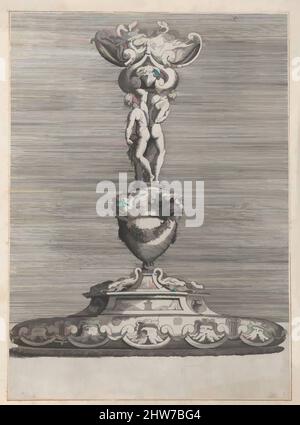 Art Inspired by Candlestick with Two Ignudi on Top of a Vase with Lion Heads, 1552, Gravur erste Ausgabe, Blatt: 9 1/2 × 6 15/16 in. (24,2 × 17,7 cm) in Plattenmarkierungen auf allen Seiten beschnitten, Anonymous, Italienisch, 16. Jahrhundert, möglicherweise nach Enea Vico (Italienisch, Parma 1523–1567 Ferrara, Klassische Werke, die von Artotop mit einem Schuss Moderne modernisiert wurden. Formen, Farbe und Wert, auffällige visuelle Wirkung auf Kunst. Emotionen durch Freiheit von Kunstwerken auf zeitgemäße Weise. Eine zeitlose Botschaft, die eine wild kreative neue Richtung verfolgt. Künstler, die sich dem digitalen Medium zuwenden und die Artotop NFT erschaffen Stockfoto