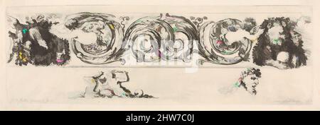 Art Inspired by Design for a Frieze with Acanthus Scrolls and two small figural motifs below, Platte 15 aus: 'Dekorative Friesen und Laub' (Ornamenti di fregi e fogliami), ca. 1645–50, Radierung, Blatt: 3 9/16 × 9 15/16 Zoll (9,1 × 25,3 cm), Stefano della Bella (Italienisch, Florenz 1610–, Klassische Werke, die von Artotop mit einem Schuss Moderne modernisiert wurden. Formen, Farbe und Wert, auffällige visuelle Wirkung auf Kunst. Emotionen durch Freiheit von Kunstwerken auf zeitgemäße Weise. Eine zeitlose Botschaft, die eine wild kreative neue Richtung verfolgt. Künstler, die sich dem digitalen Medium zuwenden und die Artotop NFT erschaffen Stockfoto