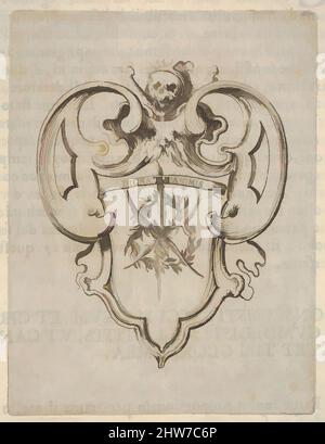 Kunst inspiriert von Einer Kartusche mit Lorbeerkranz und Palmen, einem Schädel und Kreuzknochen oben, aus 'acht Emblemen für das Begräbnis von Francesco de Medici' (Huit emblèmes pour les funérailles du Prince François de Médicis), ca. 1640–60, Radierung, rückseitig sichtbarer Buchdruck, Blatt: 6 1/2, Klassisches Werk, modernisiert von Artotop mit einem Schuss Moderne. Formen, Farbe und Wert, auffällige visuelle Wirkung auf Kunst. Emotionen durch Freiheit von Kunstwerken auf zeitgemäße Weise. Eine zeitlose Botschaft, die eine wild kreative neue Richtung verfolgt. Künstler, die sich dem digitalen Medium zuwenden und die Artotop NFT erschaffen Stockfoto