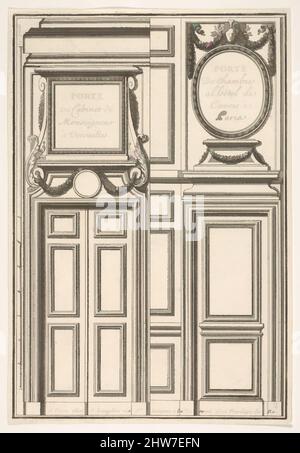 Kunst inspiriert von zwei Entwürfen für Türen, eines in Versailles und eines im Hotel Cavois in Paris, Platte II aus der Serie 'Portes a Placard et Lambris', veröffentlicht als Teil von 'L'Architecture à la Mode', 17. Century, Radierung, Bild: 7 11/16 x 5 1/4 Zoll (19,5 x 13,3 cm, Classic Works modernisiert von Artotop mit einem Schuss Modernität. Formen, Farbe und Wert, auffällige visuelle Wirkung auf Kunst. Emotionen durch Freiheit von Kunstwerken auf zeitgemäße Weise. Eine zeitlose Botschaft, die eine wild kreative neue Richtung verfolgt. Künstler, die sich dem digitalen Medium zuwenden und die Artotop NFT erschaffen Stockfoto