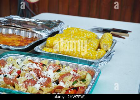 Große Auswahl an Gerichten auf dem Speisentisch im A Picknick Stockfoto