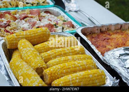 Große Auswahl an Gerichten auf dem Speisentisch im A Picknick Stockfoto