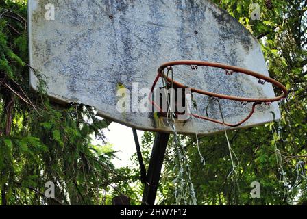 Sehr alter vergangener Basketballkorb, der auseinanderfällt Stockfoto