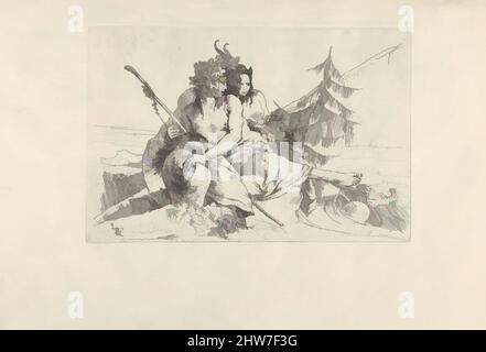 Kunst inspiriert von Bacchant, Satyr und Fauness, von der Scherzi, ca. 1740, Ätzen, Platte: 5 1/4 x 7 13/16 Zoll (13,3 x 19,8 cm), Drucke, Giovanni Battista Tiepolo (Italienisch, Venedig 1696–1770 Madrid, Klassische Werke, die von Artotop mit einem Schuss Moderne modernisiert wurden. Formen, Farbe und Wert, auffällige visuelle Wirkung auf Kunst. Emotionen durch Freiheit von Kunstwerken auf zeitgemäße Weise. Eine zeitlose Botschaft, die eine wild kreative neue Richtung verfolgt. Künstler, die sich dem digitalen Medium zuwenden und die Artotop NFT erschaffen Stockfoto