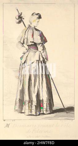 Kunst inspiriert von der Schauspielerin Charlotte Desmares in der Rolle einer Pilgerin, von hinten gezeigt, mit dem Kopf nach rechts gedreht, hält sie einen Gehstock, Jakobsmuscheln schmücken ihren Umhang, ca. 1710–39, Radierung mit Gravur, Blatt: 5 1/2 x 3 1/16 Zoll (13,9 x 7,7 cm), Drucke, Louis, Klassisches Werk, das von Artotop mit einem Schuss Moderne modernisiert wurde. Formen, Farbe und Wert, auffällige visuelle Wirkung auf Kunst. Emotionen durch Freiheit von Kunstwerken auf zeitgemäße Weise. Eine zeitlose Botschaft, die eine wild kreative neue Richtung verfolgt. Künstler, die sich dem digitalen Medium zuwenden und die Artotop NFT erschaffen Stockfoto