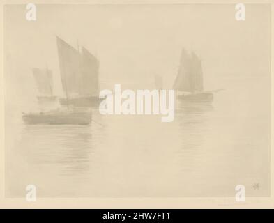 Kunst inspiriert von Return from Fishing, Honfleur (Retour de Peche, Honfleur) (Bateaux dans le brouillard / Boote im Nebel), 1894, Roulette und Lavis; erster Zustand von zwei, Teller: 5 3/4 Zoll × 8 Zoll (14,6 × 20,3 cm), Drucke, Henri-Charles Guérard (Französisch, Paris 1846–1897 Paris, Klassische Werke, die von Artotop mit einem Schuss Moderne modernisiert wurden. Formen, Farbe und Wert, auffällige visuelle Wirkung auf Kunst. Emotionen durch Freiheit von Kunstwerken auf zeitgemäße Weise. Eine zeitlose Botschaft, die eine wild kreative neue Richtung verfolgt. Künstler, die sich dem digitalen Medium zuwenden und die Artotop NFT erschaffen Stockfoto