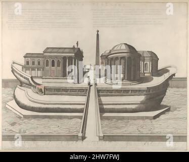 Kunst inspiriert von Blick auf die Tiberinsel dargestellt als Schiff, der Tempel des Aesculapius links, 1582, Gravur und Radierung, Blatt: 15 13/16 x 21 11/16 Zoll (40,2 x 55,1 cm), Drucke, Giovanni Ambrogio Brambilla (Italienisch, aktives Rom, 1575–99, Klassische Werke, die von Artotop mit einem Schuss Moderne modernisiert wurden. Formen, Farbe und Wert, auffällige visuelle Wirkung auf Kunst. Emotionen durch Freiheit von Kunstwerken auf zeitgemäße Weise. Eine zeitlose Botschaft, die eine wild kreative neue Richtung verfolgt. Künstler, die sich dem digitalen Medium zuwenden und die Artotop NFT erschaffen Stockfoto