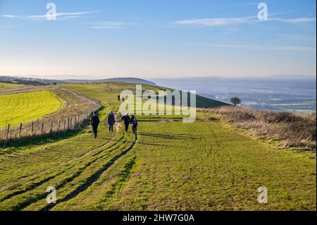 Weit reichende Ausblicke über die Sussex-Landschaft bei Sonnenschein im Februar mit Menschen, die auf dem South Downs Way in der Nähe von Ditchling Beacon in East Sussex, England, wandern. Stockfoto