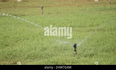 Wassersprühgerät Wasser wird gesprüht. Auf unscharfen Hintergründen Stockfoto