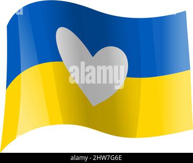 Winkende ukrainische Flagge mit weißer Herzform isoliert auf weißem Hintergrund, Vektorgrafik Stock Vektor