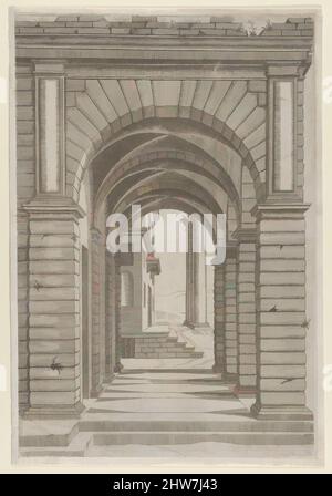 Kunst inspiriert von Speculum Romanae Magnificentiae: Vorderseite eines Gebäudes, seitlich durch eine Arkade mit vier Bögen auf der linken Vorderseite gesehen., 16. Jahrhundert, Gravur, Blatt: 14 1/4 x 9 5/8 Zoll (36,2 x 24,5 cm), Drucke, Anonym, Klassisches Werk, das von Artotop mit einem Schuss Moderne modernisiert wurde. Formen, Farbe und Wert, auffällige visuelle Wirkung auf Kunst. Emotionen durch Freiheit von Kunstwerken auf zeitgemäße Weise. Eine zeitlose Botschaft, die eine wild kreative neue Richtung verfolgt. Künstler, die sich dem digitalen Medium zuwenden und die Artotop NFT erschaffen Stockfoto