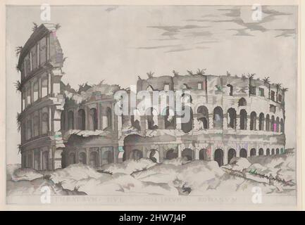 Kunst inspiriert von Speculum Romanae Magnificentiae: Das Kolosseum, 16.. Jahrhundert, Gravur, Montierung: 13 3/16 x 13 3/8 Zoll (33,5 x 34 cm), Drucke, Anonym, Klassisches Werk, das von Artotop mit einem Schuss Moderne modernisiert wurde. Formen, Farbe und Wert, auffällige visuelle Wirkung auf Kunst. Emotionen durch Freiheit von Kunstwerken auf zeitgemäße Weise. Eine zeitlose Botschaft, die eine wild kreative neue Richtung verfolgt. Künstler, die sich dem digitalen Medium zuwenden und die Artotop NFT erschaffen Stockfoto