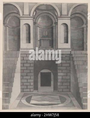 Kunst inspiriert von Speculum Romanae Magnificentiae: Innenraum, zeigt eine unterirdische Kammer, die über zwei Treppen, eine auf jeder Seite, erreicht wird; Nischen auf der Landung darüber., 16. Jahrhundert, Gravur, Montierung: 17 11/16 x 13 Zoll (45 x 33 cm), Drucke, Anonym, Klassisches Werk, das von Artotop mit einem Schuss Moderne modernisiert wurde. Formen, Farbe und Wert, auffällige visuelle Wirkung auf Kunst. Emotionen durch Freiheit von Kunstwerken auf zeitgemäße Weise. Eine zeitlose Botschaft, die eine wild kreative neue Richtung verfolgt. Künstler, die sich dem digitalen Medium zuwenden und die Artotop NFT erschaffen Stockfoto