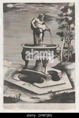 Kunst inspiriert von Speculum Romanae Magnificentiae: A Fountain and Basin, 1581, Gravieren und Radieren, Blatt: 17 1/2 x 13 Zoll (44,5 x 33 cm), Drucke, Pieter Perret (Niederlandisch, 1555–1639, Klassische Werke, die von Artotop mit einem Schuss Moderne modernisiert wurden. Formen, Farbe und Wert, auffällige visuelle Wirkung auf Kunst. Emotionen durch Freiheit von Kunstwerken auf zeitgemäße Weise. Eine zeitlose Botschaft, die eine wild kreative neue Richtung verfolgt. Künstler, die sich dem digitalen Medium zuwenden und die Artotop NFT erschaffen Stockfoto