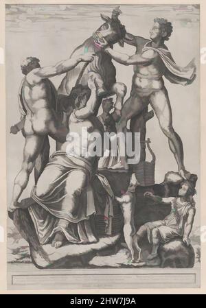 Kunst inspiriert von Speculum Romanae Magnificentiae: Amphion und Zethus binden Dirce zu einem Wild Bull der Farnese Bull, 1581, Gravur, Blatt: 18 1/8 x 13 9/16 Zoll (46 x 34,4 cm), Drucke, Diana Scultori (italienisch, Mantua ca. 1535?–nach 1588 Rom, Klassisches Werk modernisiert von Artotop mit einem Schuss Moderne. Formen, Farbe und Wert, auffällige visuelle Wirkung auf Kunst. Emotionen durch Freiheit von Kunstwerken auf zeitgemäße Weise. Eine zeitlose Botschaft, die eine wild kreative neue Richtung verfolgt. Künstler, die sich dem digitalen Medium zuwenden und die Artotop NFT erschaffen Stockfoto