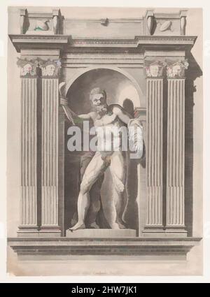 Kunst inspiriert von Speculum Romanae Magnificentiae: Skulptur eines Faun, der in einer Nische nach einer Statue in der Villa von Scipione Borghese steht, 16.. Jahrhundert, Radierung, Blatt: 16 3/8 x 11 13/16 Zoll (41,6 x 30 cm), Drucke, Anonym, Klassisches Werk, das von Artotop mit einem Schuss Moderne modernisiert wurde. Formen, Farbe und Wert, auffällige visuelle Wirkung auf Kunst. Emotionen durch Freiheit von Kunstwerken auf zeitgemäße Weise. Eine zeitlose Botschaft, die eine wild kreative neue Richtung verfolgt. Künstler, die sich dem digitalen Medium zuwenden und die Artotop NFT erschaffen Stockfoto