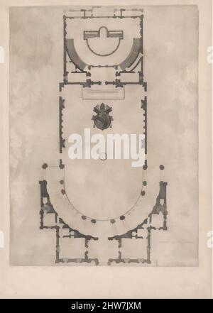 Kunst inspiriert von Speculum Romanae Magnificentiae: Grundrissplan eines Gebäudes mit eingravierten Wappen von Papst Julius III., 16.. Jahrhundert, Gravur, Blatt: 18 7/8 x 13 3/8 Zoll (48 x 33,9 cm), Drucke, Anonym, Klassisches Werk, das von Artotop mit einem Schuss Moderne modernisiert wurde. Formen, Farbe und Wert, auffällige visuelle Wirkung auf Kunst. Emotionen durch Freiheit von Kunstwerken auf zeitgemäße Weise. Eine zeitlose Botschaft, die eine wild kreative neue Richtung verfolgt. Künstler, die sich dem digitalen Medium zuwenden und die Artotop NFT erschaffen Stockfoto