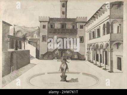 Kunst inspiriert von Blick auf den Kapitolinischen Hügel während Michelangelos Restaurierung, das Reiterdenkmal von Marcus Aurelius in der Mitte aus dem 'Speculum Romanae Magnificentiae:', ca. 1561–63, Radierung und Gravur, Halterung: 18 1/8 × 22 1/16 Zoll (46 × 56 cm), Drucke, Anonymous, früher, Klassisches Werk, das von Artotop mit einem Schuss Moderne modernisiert wurde. Formen, Farbe und Wert, auffällige visuelle Wirkung auf Kunst. Emotionen durch Freiheit von Kunstwerken auf zeitgemäße Weise. Eine zeitlose Botschaft, die eine wild kreative neue Richtung verfolgt. Künstler, die sich dem digitalen Medium zuwenden und die Artotop NFT erschaffen Stockfoto