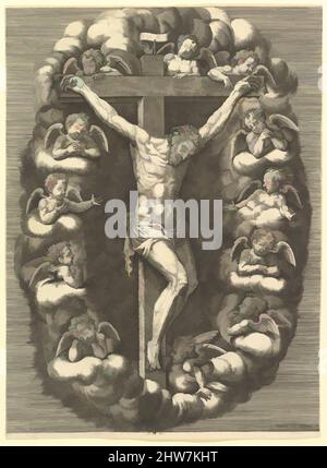 Vom gekreuzigten Christus inspirierte Kunst, umgeben von trauernden Engeln, 1575–1679, Gravur, Blatt: 13 3/16 x 9 5/8 Zoll (33,5 x 24,4 cm); beschnitten, gedruckt, Anonym, Italienisch, 16.. Jahrhundert, nach Giorgio Ghisi (italienisch, Mantua ca. 1520–1582 Mantua), am unteren Rand eingestanzter Eindruck, von Artotop modernisierte Klassiker mit einem Schuss Modernität. Formen, Farbe und Wert, auffällige visuelle Wirkung auf Kunst. Emotionen durch Freiheit von Kunstwerken auf zeitgemäße Weise. Eine zeitlose Botschaft, die eine wild kreative neue Richtung verfolgt. Künstler, die sich dem digitalen Medium zuwenden und die Artotop NFT erschaffen Stockfoto