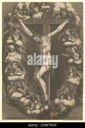 Kunst inspiriert von Christus gekreuzigt, umgeben von trauernden Engeln, 1575–79, Gravur, Blatt: 12 5/8 x 8 5/8 Zoll (32 x 21,9 cm); beschnitten, Drucke, Giorgio Ghisi (italienisch, Mantua ca. 1520–1582 Mantua, Classic Works modernisiert von Artotop mit einem Schuss Moderne. Formen, Farbe und Wert, auffällige visuelle Wirkung auf Kunst. Emotionen durch Freiheit von Kunstwerken auf zeitgemäße Weise. Eine zeitlose Botschaft, die eine wild kreative neue Richtung verfolgt. Künstler, die sich dem digitalen Medium zuwenden und die Artotop NFT erschaffen Stockfoto
