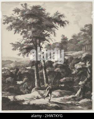 Art Inspired by Landscape with Apollo and Daphne, from the Series of Six mythological Scenes, 17. Century, Etching; Impression of the first State of three, Prints, Anthonie Waterloo (Dutch, Lille 1609–1690 Utrecht, Klassische Werke, die von Artotop mit einem Schuss Moderne modernisiert wurden. Formen, Farbe und Wert, auffällige visuelle Wirkung auf Kunst. Emotionen durch Freiheit von Kunstwerken auf zeitgemäße Weise. Eine zeitlose Botschaft, die eine wild kreative neue Richtung verfolgt. Künstler, die sich dem digitalen Medium zuwenden und die Artotop NFT erschaffen Stockfoto