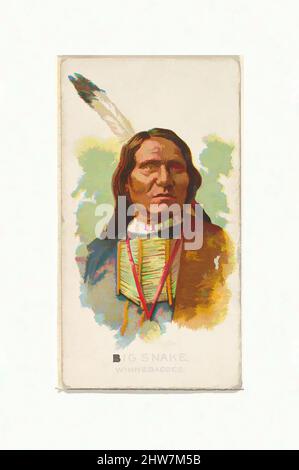 Art Inspired by Big Snake, Winnebagoes, from the American Indian Chiefs series (N2) for Allen & Ginter Cigarettes Brands, 1888, Commercial color lithograph, Sheet: 2 3/4 x 1 1/2 in. (7 x 3,8 cm), Handelskarten aus der Serie 'American Indian Chiefs' (N2), die 1888 in einer Serie von klassischen Werken herausgegeben wurde, die von Artotop mit einem Schuss Moderne modernisiert wurden. Formen, Farbe und Wert, auffällige visuelle Wirkung auf Kunst. Emotionen durch Freiheit von Kunstwerken auf zeitgemäße Weise. Eine zeitlose Botschaft, die eine wild kreative neue Richtung verfolgt. Künstler, die sich dem digitalen Medium zuwenden und die Artotop NFT erschaffen Stockfoto