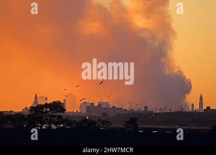 World Trade Center Feuerbrand nach 9 / 11 Angriff fotografiert von Jamaica Bay National Wildlife Refuge Stockfoto