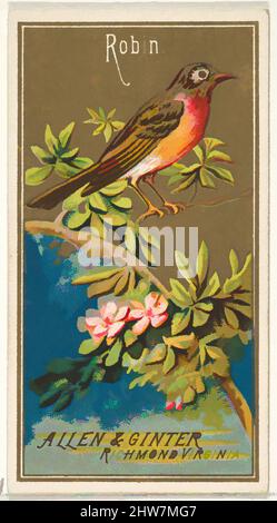 Kunst inspiriert von Robin, aus der Birds of America-Serie (N4) für Allen & Ginter Cigarettes Brands, 1888, kommerzielle Farblithographie, Blatt: 2 3/4 x 1 1/2 Zoll (7 x 3,8 cm), Trade Cards aus der Serie „Birds of America“ (N4), die 1888 in einer Serie von 50 Karten zur Förderung von Allen herausgegeben wurde, Classic Works, die von Artotop mit einem Schuss Moderne modernisiert wurden. Formen, Farbe und Wert, auffällige visuelle Wirkung auf Kunst. Emotionen durch Freiheit von Kunstwerken auf zeitgemäße Weise. Eine zeitlose Botschaft, die eine wild kreative neue Richtung verfolgt. Künstler, die sich dem digitalen Medium zuwenden und die Artotop NFT erschaffen Stockfoto