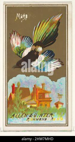 Art Inspired by Magpie, from the Birds of America Series (N4) for Allen & Ginter Cigarettes Brands, 1888, kommerzielle Farblithographie, Blatt: 2 3/4 x 1 1/2 Zoll (7 x 3,8 cm), Trade Cards aus der Serie „Birds of America“ (N4), die 1888 in einer Serie von 50 Karten zur Förderung von Allen herausgegeben wurde, Classic Works, die von Artotop mit einem Schuss Moderne modernisiert wurden. Formen, Farbe und Wert, auffällige visuelle Wirkung auf Kunst. Emotionen durch Freiheit von Kunstwerken auf zeitgemäße Weise. Eine zeitlose Botschaft, die eine wild kreative neue Richtung verfolgt. Künstler, die sich dem digitalen Medium zuwenden und die Artotop NFT erschaffen Stockfoto