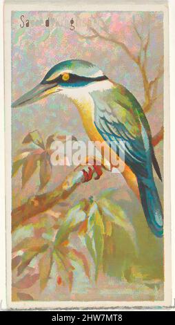 Kunst inspiriert von Sacred Kingfisher, aus der Birds of the Tropics-Serie (N5) für Allen & Ginter Cigarettes Brands, 1889, kommerzielle Farblithographie, Blatt: 2 3/4 x 1 1/2 Zoll (7 x 3,8 cm), Handelskarten aus der Serie 'Vögel der Tropen' (N5), die 1889 in einer Serie von 50 Karten herausgegeben wurde, klassische Werke, die von Artotop mit einem Schuss Moderne modernisiert wurden. Formen, Farbe und Wert, auffällige visuelle Wirkung auf Kunst. Emotionen durch Freiheit von Kunstwerken auf zeitgemäße Weise. Eine zeitlose Botschaft, die eine wild kreative neue Richtung verfolgt. Künstler, die sich dem digitalen Medium zuwenden und die Artotop NFT erschaffen Stockfoto