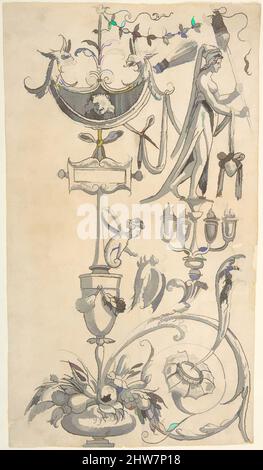 Art inspired by Candelabra Grotesque with a Vase with Fruit and an Amazon Shield, 1540 after, Pen and black ink, brush and grey wash, Sheet: 9 1/8 x 5 1/4 in. (23,1 x 13,3 cm), Anonym, Italienisch, 16. Jahrhundert ?, nach Cornelis Bos (Niederländisch, Hertogenbosch ca. 1510?–vor 1566 modernisierte Classic Works von Artotop mit einem Schuss Moderne. Formen, Farbe und Wert, auffällige visuelle Wirkung auf Kunst. Emotionen durch Freiheit von Kunstwerken auf zeitgemäße Weise. Eine zeitlose Botschaft, die eine wild kreative neue Richtung verfolgt. Künstler, die sich dem digitalen Medium zuwenden und die Artotop NFT erschaffen Stockfoto