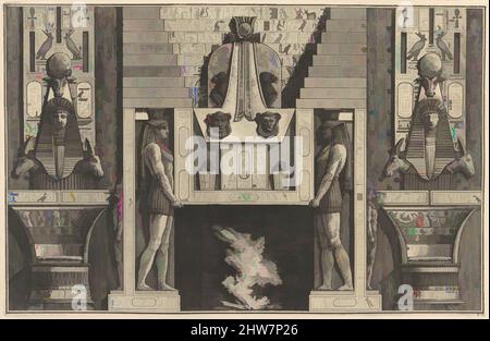 Kunst inspiriert von Chimneypiece im ägyptischen Stil: Riesige Figuren stützen den Sturz, flankiert von Stühlen, aus verschiedenen Maniere d'adornare i cammini... (Verschiedene Arten der Verzierung von Schimneystücken...), 1769, Radierung, Platte: 9 13/16 x 15 3/16 Zoll (25 x 38,5 cm) horizontal gedruckt, von Artotop modernisierte Classic Works mit einem Schuss Modernität. Formen, Farbe und Wert, auffällige visuelle Wirkung auf Kunst. Emotionen durch Freiheit von Kunstwerken auf zeitgemäße Weise. Eine zeitlose Botschaft, die eine wild kreative neue Richtung verfolgt. Künstler, die sich dem digitalen Medium zuwenden und die Artotop NFT erschaffen Stockfoto