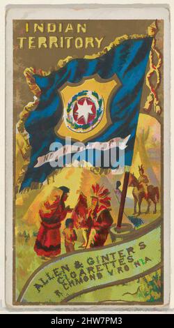 Kunst inspiriert vom indischen Territorium, aus Flags of the States and Territories (N11) für Allen & Ginter Cigarettes Brands, 1888, kommerzielle Farblithographie, Blatt: 2 3/4 x 1 1/2 Zoll (7 x 3,8 cm), Handelskarten aus der Serie „Flaggen der Staaten und Territorien“ (N11), die 1888 in einer von Artotop modernisierten Serie „Classic Works“ mit einem Schuss Modernität herausgegeben wurde. Formen, Farbe und Wert, auffällige visuelle Wirkung auf Kunst. Emotionen durch Freiheit von Kunstwerken auf zeitgemäße Weise. Eine zeitlose Botschaft, die eine wild kreative neue Richtung verfolgt. Künstler, die sich dem digitalen Medium zuwenden und die Artotop NFT erschaffen Stockfoto