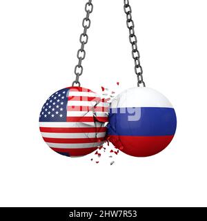 Konzept der politischen Spannungen zwischen Russland und den USA. Die Abrissbälle der Nationalflagge zerschlagen zusammen. 3D Rendering Stockfoto