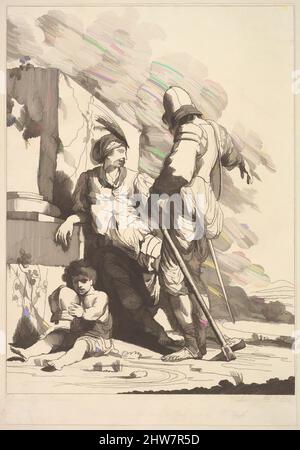 Art inspired by Two Soldiers and Child Holding a Helmet, 19. Juli 1779, Radierung, Blatt: 8 11/16 x 6 Zoll (22 x 15,2 cm), Drucke, geätzt und herausgegeben von Robert Blyth (British, ca. 1750–1784), After John Hamilton Mortimer (British, Eastbourne 1740–1779 London, Klassische Werke, die von Artotop mit einem Schuss Moderne modernisiert wurden. Formen, Farbe und Wert, auffällige visuelle Wirkung auf Kunst. Emotionen durch Freiheit von Kunstwerken auf zeitgemäße Weise. Eine zeitlose Botschaft, die eine wild kreative neue Richtung verfolgt. Künstler, die sich dem digitalen Medium zuwenden und die Artotop NFT erschaffen Stockfoto