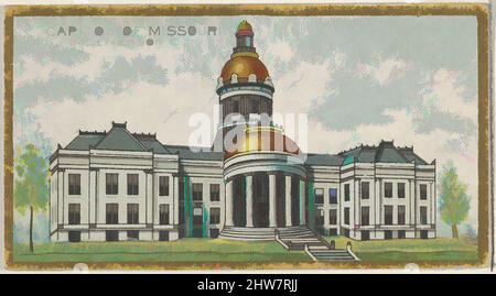 Kunst inspiriert vom Capitol of Missouri in Jefferson City, aus der Serie General Government and State Capitol Buildings (N14) for Allen & Ginter Cigarettes Brands, 1889, kommerzielle Farblithographie, Blatt: 1 1/2 x 2 3/4 Zoll (3,8 x 7 cm), Handelskarten von Regierung und Staat, Klassische Werke, die von Artotop mit einem Schuss Moderne modernisiert wurden. Formen, Farbe und Wert, auffällige visuelle Wirkung auf Kunst. Emotionen durch Freiheit von Kunstwerken auf zeitgemäße Weise. Eine zeitlose Botschaft, die eine wild kreative neue Richtung verfolgt. Künstler, die sich dem digitalen Medium zuwenden und die Artotop NFT erschaffen Stockfoto