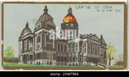 Kunst inspiriert vom Capitol of Iowa in des Moines, aus der Serie General Government and State Capitol Buildings (N14) für Allen & Ginter Cigarettes Brands, 1889, kommerzielle Farblithographie, Blatt: 1 1/2 x 2 3/4 Zoll (3,8 x 7 cm), Handelskarten aus der 'Generalregierung und dem Staatskapitol', Klassische Werke, die von Artotop mit einem Schuss Modernität modernisiert wurden. Formen, Farbe und Wert, auffällige visuelle Wirkung auf Kunst. Emotionen durch Freiheit von Kunstwerken auf zeitgemäße Weise. Eine zeitlose Botschaft, die eine wild kreative neue Richtung verfolgt. Künstler, die sich dem digitalen Medium zuwenden und die Artotop NFT erschaffen Stockfoto