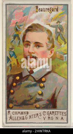 Kunst inspiriert von Pierre Gustave Toutant Beauregard, aus der Serie Great Generals (N15) für Allen & Ginter Cigarettes Brands, 1888, kommerzielle Farblithographie, Blatt: 2 3/4 x 1 1/2 Zoll (7 x 3,8 cm), Handelskarten aus der Serie 'große Generäle' (N15), die 1888 in einer Serie von 50 Stück herausgegeben wurde, klassische Werke, die von Artotop mit einem Schuss Modernität modernisiert wurden. Formen, Farbe und Wert, auffällige visuelle Wirkung auf Kunst. Emotionen durch Freiheit von Kunstwerken auf zeitgemäße Weise. Eine zeitlose Botschaft, die eine wild kreative neue Richtung verfolgt. Künstler, die sich dem digitalen Medium zuwenden und die Artotop NFT erschaffen Stockfoto