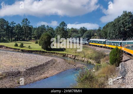 El Chepe Zugansicht zwischen La Junta und Creel, Chihuahua State, Mexiko. Stockfoto