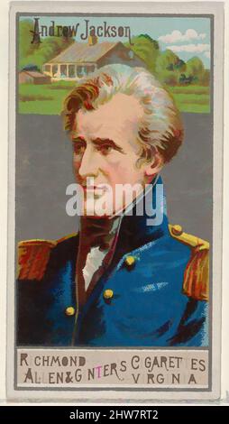 Kunst inspiriert von Andrew Jackson, aus der Serie Great Generals (N15) für Allen & Ginter Cigarettes Brands, 1888, kommerzielle Farblithographie, Blatt: 2 3/4 x 1 1/2 Zoll (7 x 3,8 cm), Trade Cards aus der Serie 'Great Generals' (N15), die 1888 in einem Satz von 50 Karten zur Förderung von Allen herausgegeben wurde, Classic Works, modernisiert von Artotop mit einem Schuss Modernität. Formen, Farbe und Wert, auffällige visuelle Wirkung auf Kunst. Emotionen durch Freiheit von Kunstwerken auf zeitgemäße Weise. Eine zeitlose Botschaft, die eine wild kreative neue Richtung verfolgt. Künstler, die sich dem digitalen Medium zuwenden und die Artotop NFT erschaffen Stockfoto