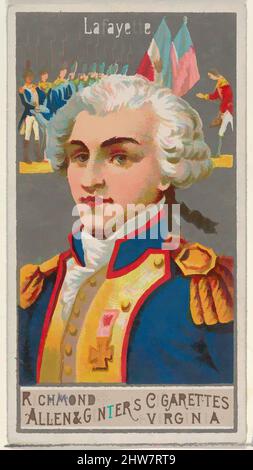 Art Inspired by Lafayette, from the Great Generals Series (N15) for Allen & Ginter Cigarettes Brands, 1888, kommerzielle Farblithographie, Blatt: 2 3/4 x 1 1/2 Zoll (7 x 3,8 cm), Trade Cards aus der Serie 'Great Generals' (N15), die 1888 in einem Satz von 50 Karten zur Förderung von Allen herausgegeben wurde, Classic Works, modernisiert von Artotop mit einem Schuss Modernität. Formen, Farbe und Wert, auffällige visuelle Wirkung auf Kunst. Emotionen durch Freiheit von Kunstwerken auf zeitgemäße Weise. Eine zeitlose Botschaft, die eine wild kreative neue Richtung verfolgt. Künstler, die sich dem digitalen Medium zuwenden und die Artotop NFT erschaffen Stockfoto