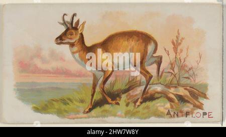 Art Inspired by Antelope, from the quadrupeds series (N21) for Allen & Ginter cigarettes, 1890, Commercial color lithograph, Sheet: 1 1/2 x 2 3/4 in. (3,8 x 7 cm), Tauschkarten aus der Serie „Quadrupeds“ (N21), die 1890 in einem Satz von 50 Karten zur Werbung für die Marke Allen & Ginter herausgegeben wurde. Classic Works wurde von Artotop mit einem Schuss Modernität modernisiert. Formen, Farbe und Wert, auffällige visuelle Wirkung auf Kunst. Emotionen durch Freiheit von Kunstwerken auf zeitgemäße Weise. Eine zeitlose Botschaft, die eine wild kreative neue Richtung verfolgt. Künstler, die sich dem digitalen Medium zuwenden und die Artotop NFT erschaffen Stockfoto