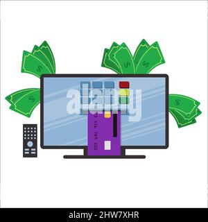 Geld vom Fernseher abheben. Die Kreditkarte wird in einen geldautomaten auf dem Bildschirm eingeführt. Geldautomat im Fernsehen. Stock Vektor