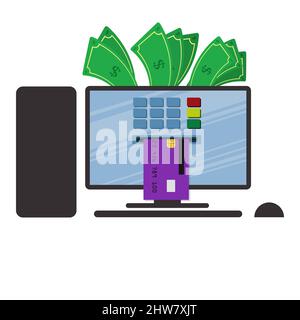Geld vom PC abheben. Die Kreditkarte wird in einen geldautomaten auf dem Bildschirm eingeführt. Geldautomat am PC. Stock Vektor