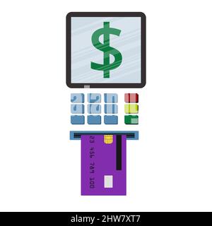 Die Kreditkarte wird in einen geldautomaten eingeführt, und das Dollarzeichen wird auf dem Bildschirm angezeigt Stock Vektor