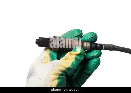 Lambda-Sonde - Sauerstoff-Sensor-Gerät entwickelt, um die Menge des verbleibenden Sauerstoffs im Abgas des Pkw-Motors zu erfassen befindet sich in der Auspuffanlage. Metall Stockfoto