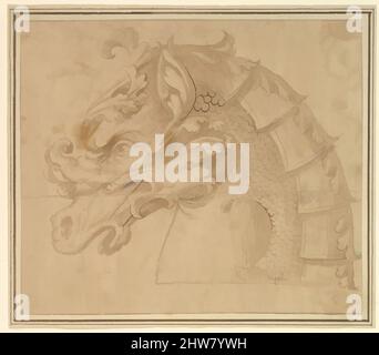 Art Inspired by Armor Design for a Horse, 17. Century (erste Hälfte), braune Tinte und eine hellbraune Wäsche, auf zwei Blatt Papier geklebt, eines als Halterung und eines als Halterung, in einem modernen Sammelalbum platziert, Blatt: 8 11/16 x 10 1/16 Zoll (22 x 25,5 cm), Anonym, Italienisch, 17. Jahrhundert, Design, Klassische Werke, die von Artotop mit einem Hauch von Moderne modernisiert wurden. Formen, Farbe und Wert, auffällige visuelle Wirkung auf Kunst. Emotionen durch Freiheit von Kunstwerken auf zeitgemäße Weise. Eine zeitlose Botschaft, die eine wild kreative neue Richtung verfolgt. Künstler, die sich dem digitalen Medium zuwenden und die Artotop NFT erschaffen Stockfoto